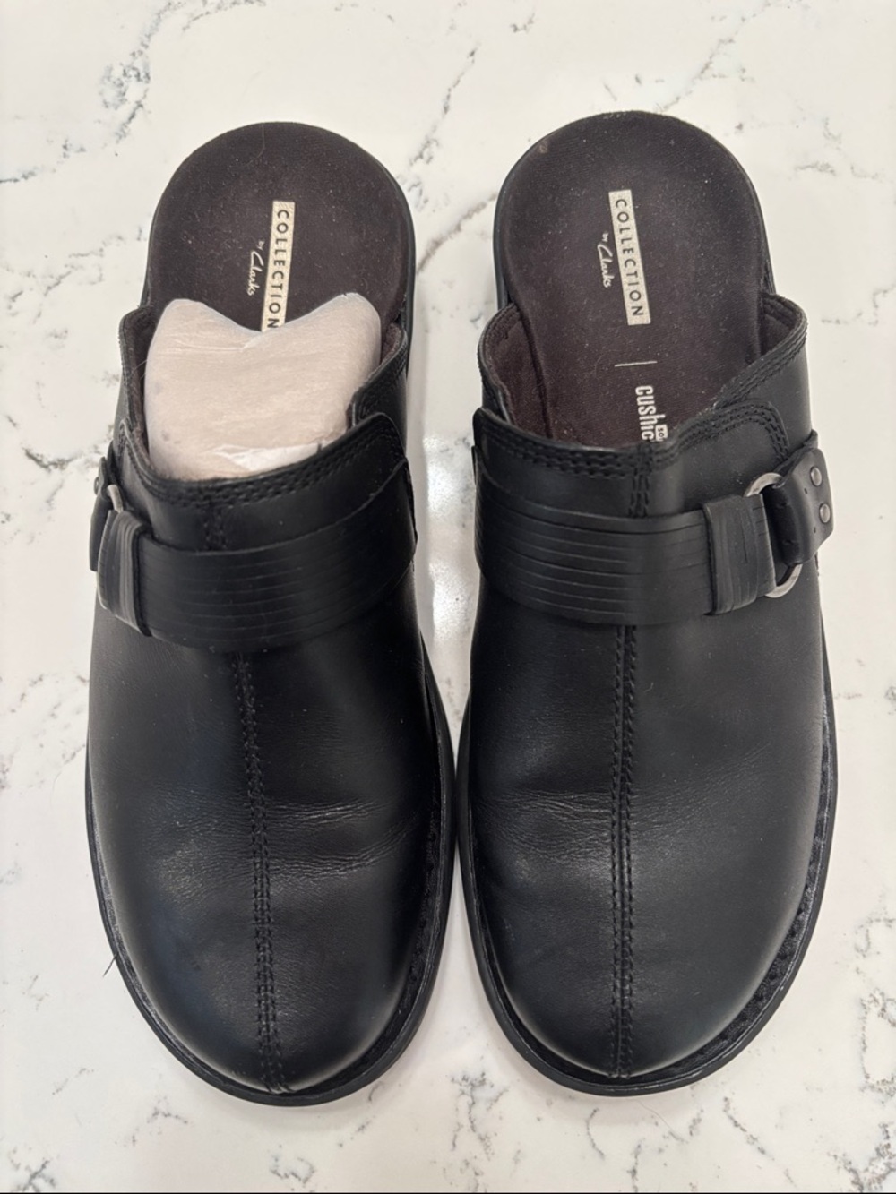 Clarks Women’s Black Leather Slip-On Clogs with Buckle